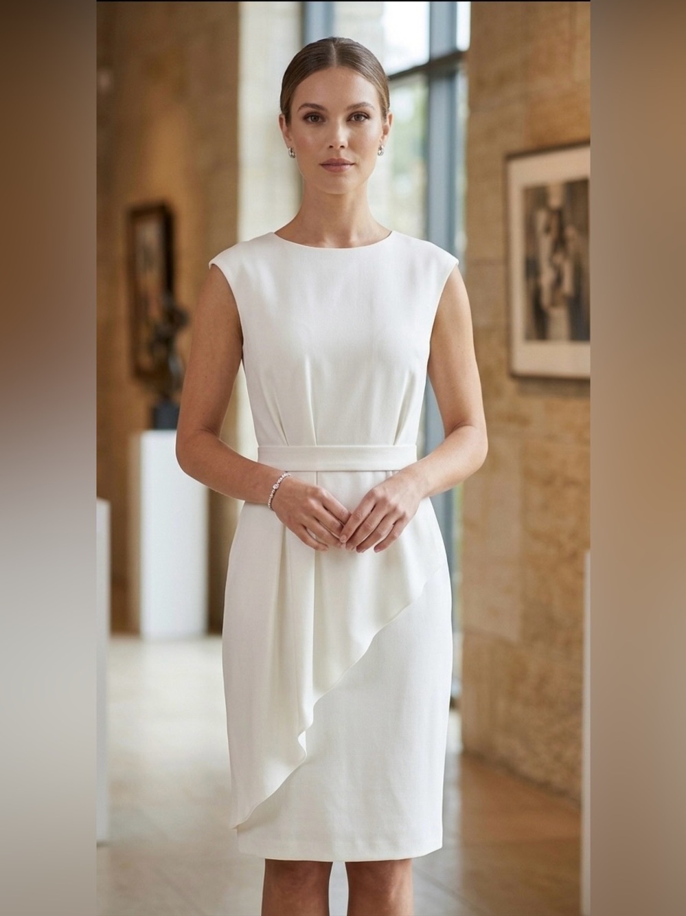 St. Emile Ivory Cap Sleeve Sheath Dress with Asymmetrical Ruffle Detail